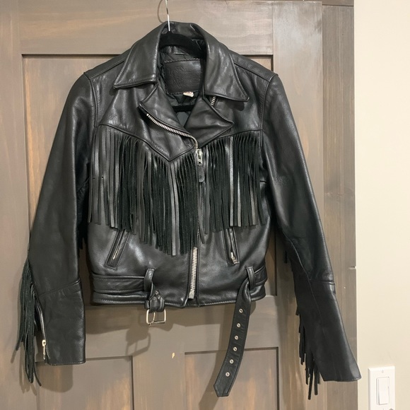 branded garments Jackets & Coats Vintage Leather Fringe Moto Jacket